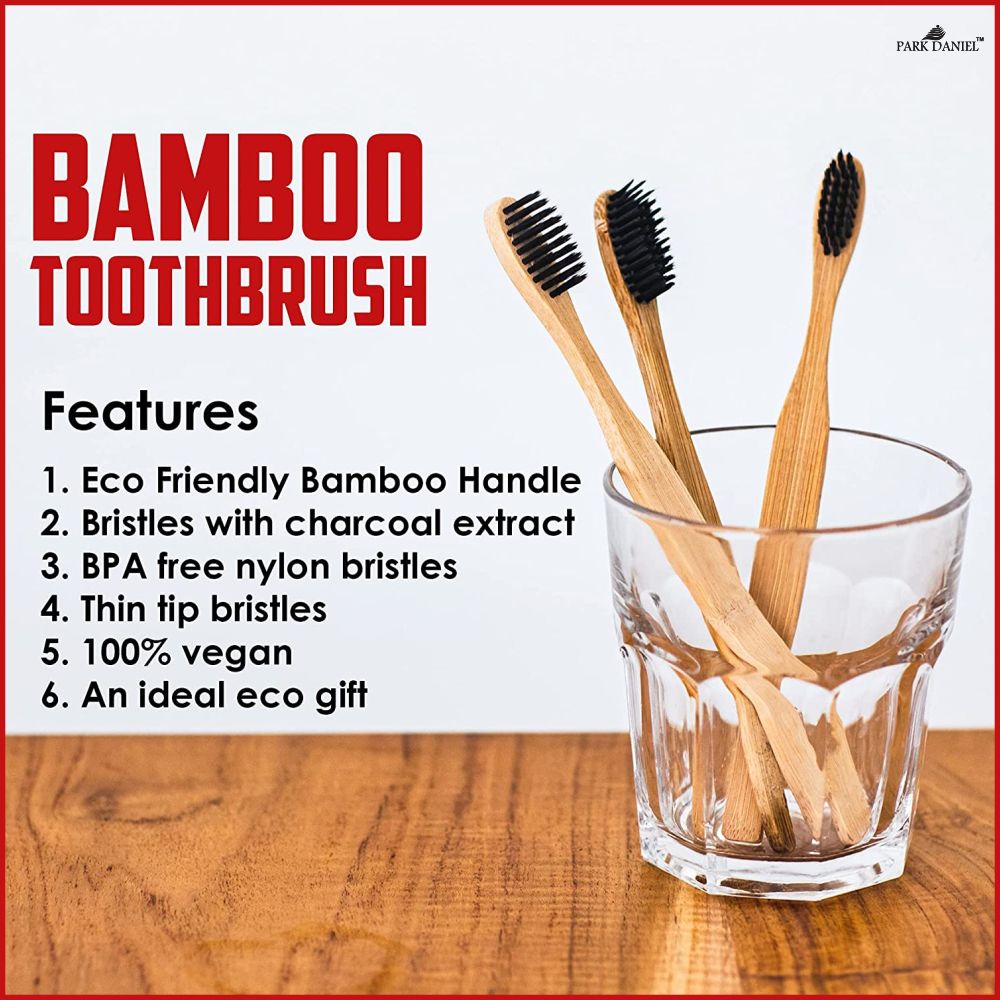 Park Daniel Pure and Natural Bamboo Wooden ECO Friendly Charcoal Toothbrush with Soft Medium Bristles(Pack of 3)